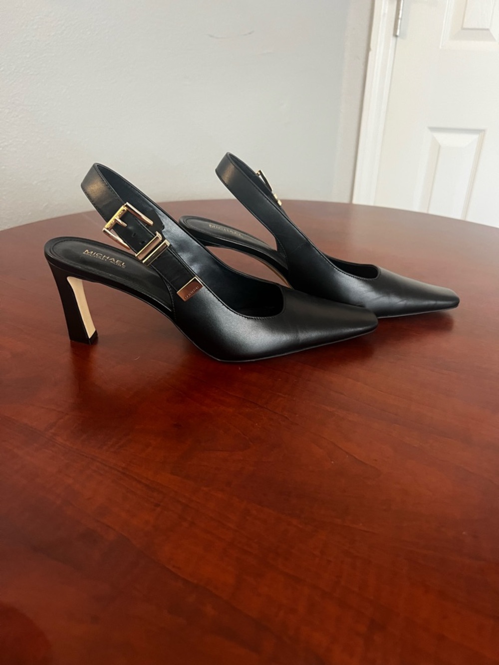 MICHAEL Michael Kors Black Leather Square-Toe Slingback Heels with Gold Buckle - Picture 2 of 4